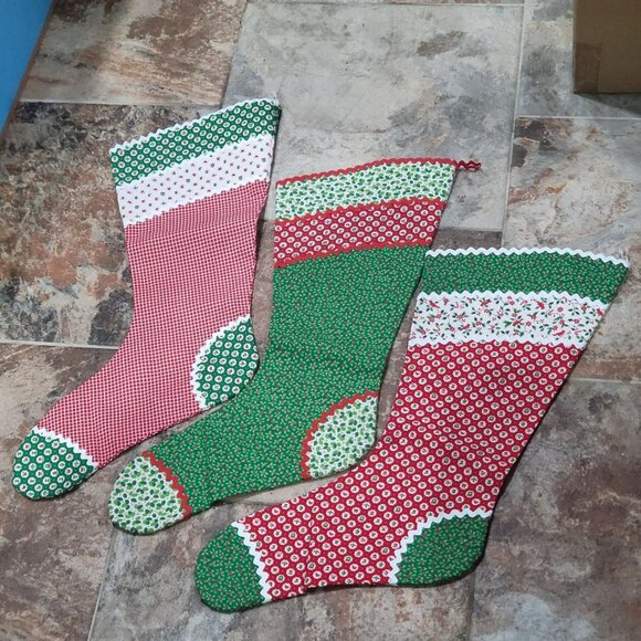 Christmas Stockings Set of 3 Cotton Fabric Festive Red White Green Patterns - Picture 7 of 10